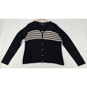 Laura Ashley Womens Cardigan Sweater Silk Striped Black Nautical Academia Size L